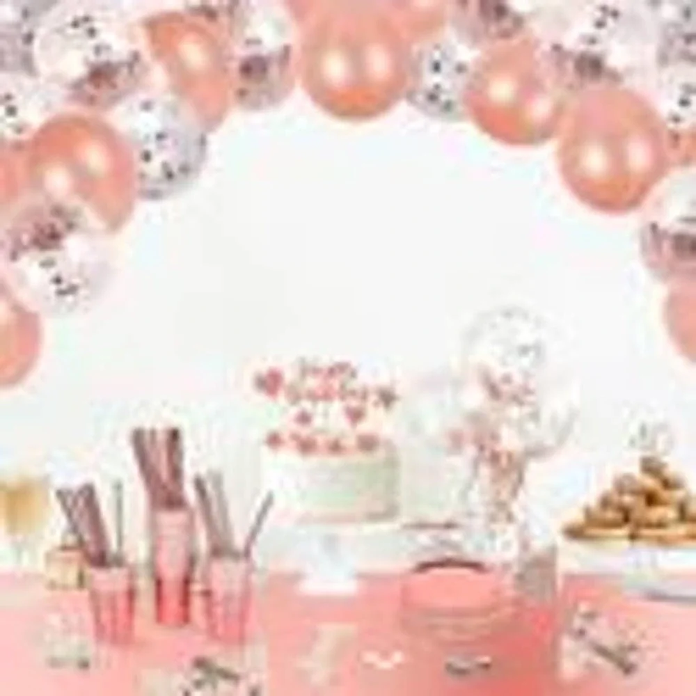 Birthday Decor in Rose Gold-Plates-cups-balloons-balloon pump and more
